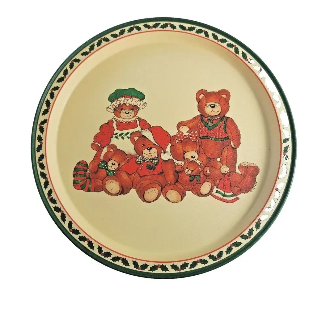Christmas Tin Serving Tray Teddy Bear Family Metal Platter 13.5